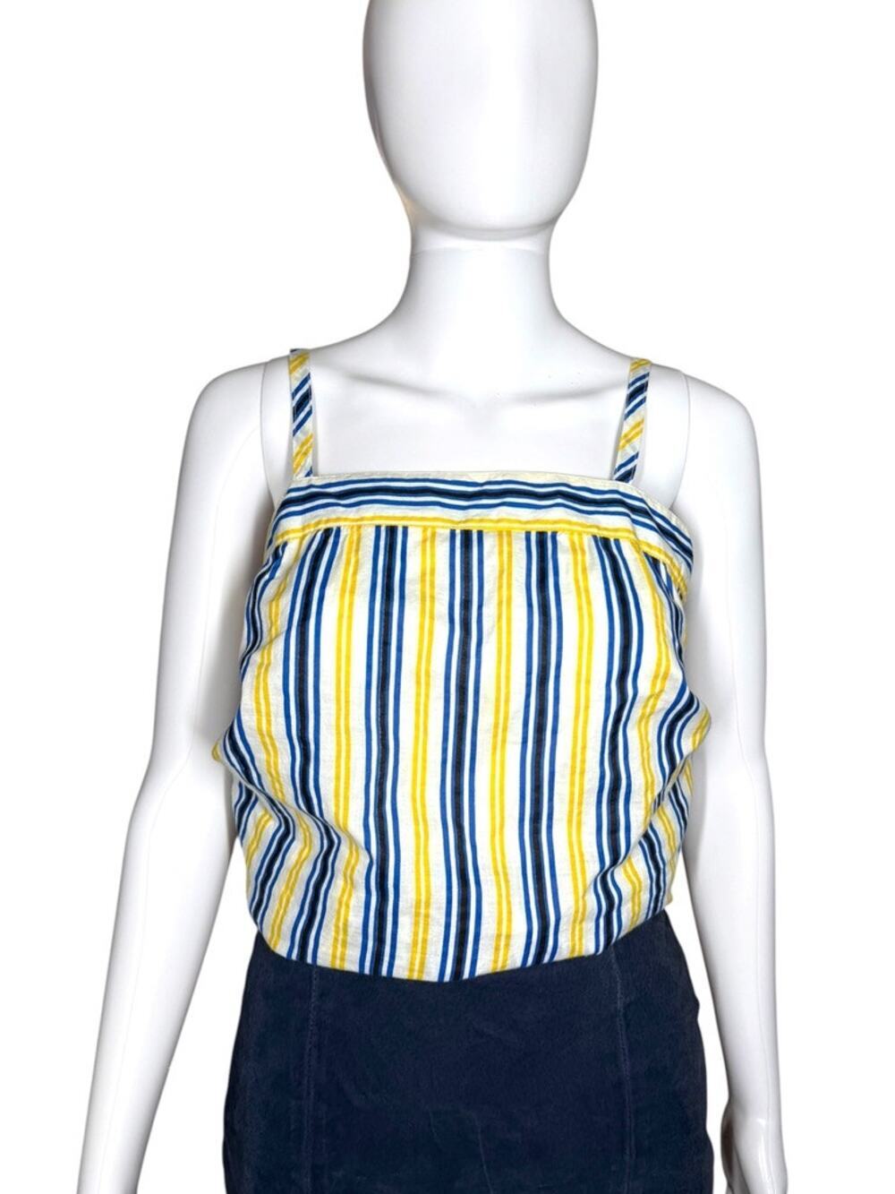 Vintage 70s Intuitions Striped Blue Yellow White Apron Tank Blouse Size Small